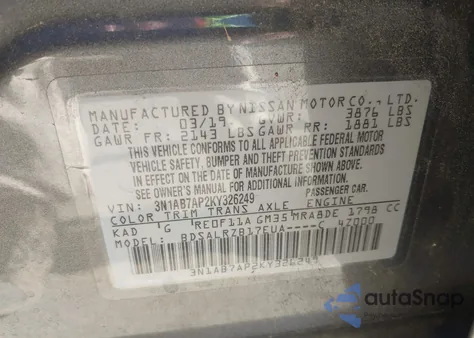 2019 Nissan Sentra Sr z USA, uszkodzony, nr VIN 3N1AB7AP2KY326249